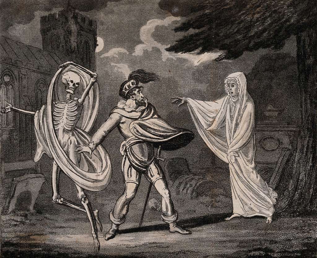 Aquatint showing a graveyard scene in front of a church. At the center is a man in armour with a distressed expression on his face. To his left is a skeleton, and to his right a ghost.